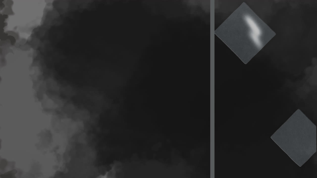 검은 바탕에 회색 사각형과 선을 가진 회색 연기 폭발의 애니메이션