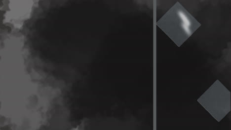 animation of grey smoke explosion with grey squares and line on black background
