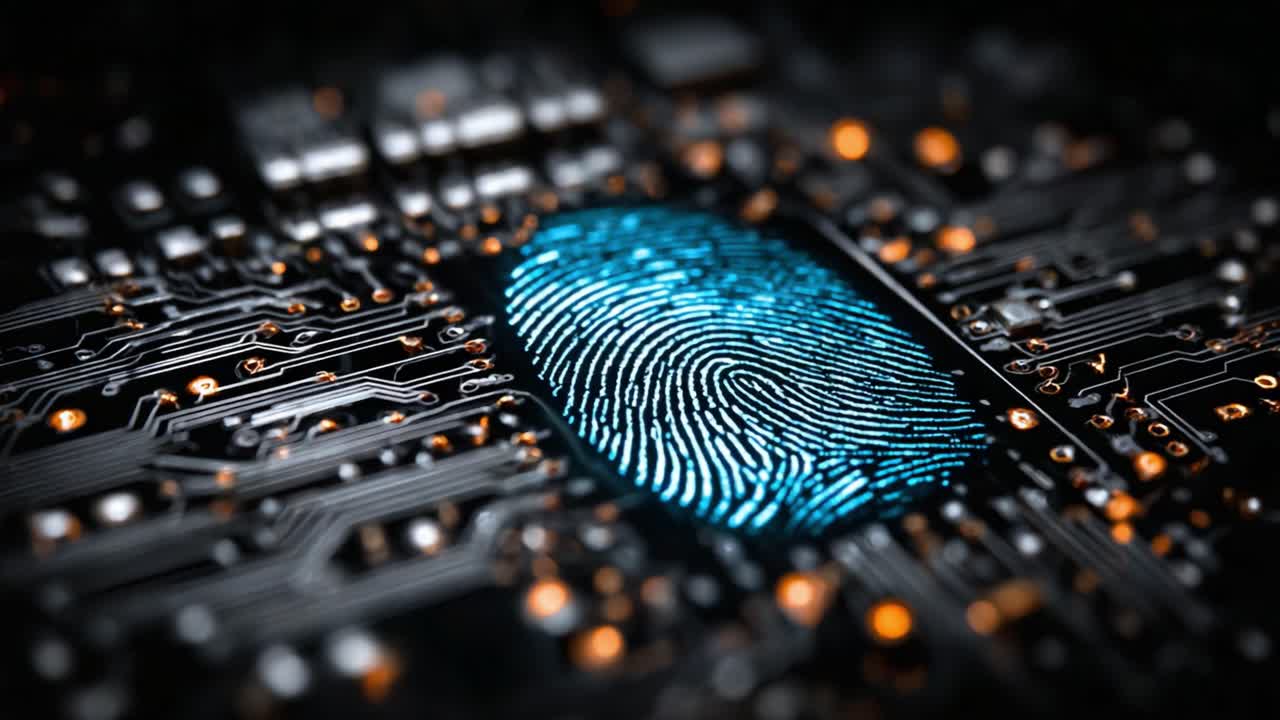 Exploring the Fusion of Technology and Personal Identity: A Close-Up of a Digital Fingerprint on a Circuit Board Illuminated by Blue Light
