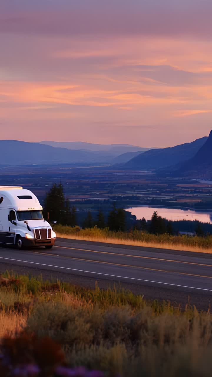 Un viaggio panoramico di un camion su una strada aperta al crepuscolo, tra montagne maestose e un fiume tranquillo che riflette i colori del cielo al tramonto