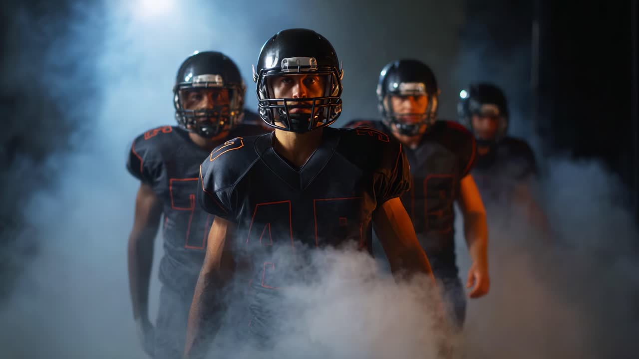Una squadra di calcio emerge dalla nebbia, mostrando forza e determinazione in una scena drammatica con giocatori in uniforme scura e volti protetti da caschi
