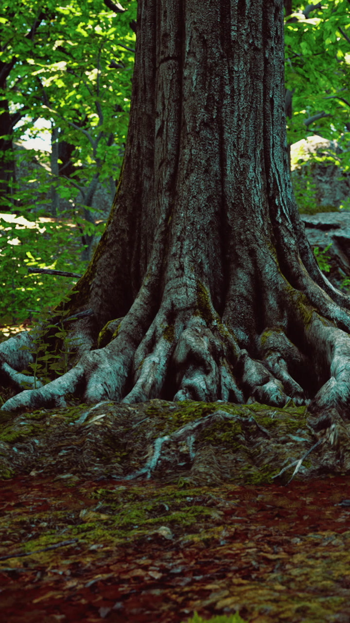 Majestic tree roots weave through earth in a lush forest setting