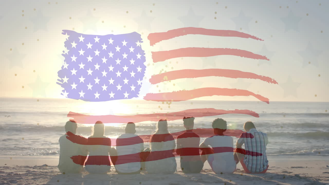Animation of flag of usa over happy diverse friends on beach in summer