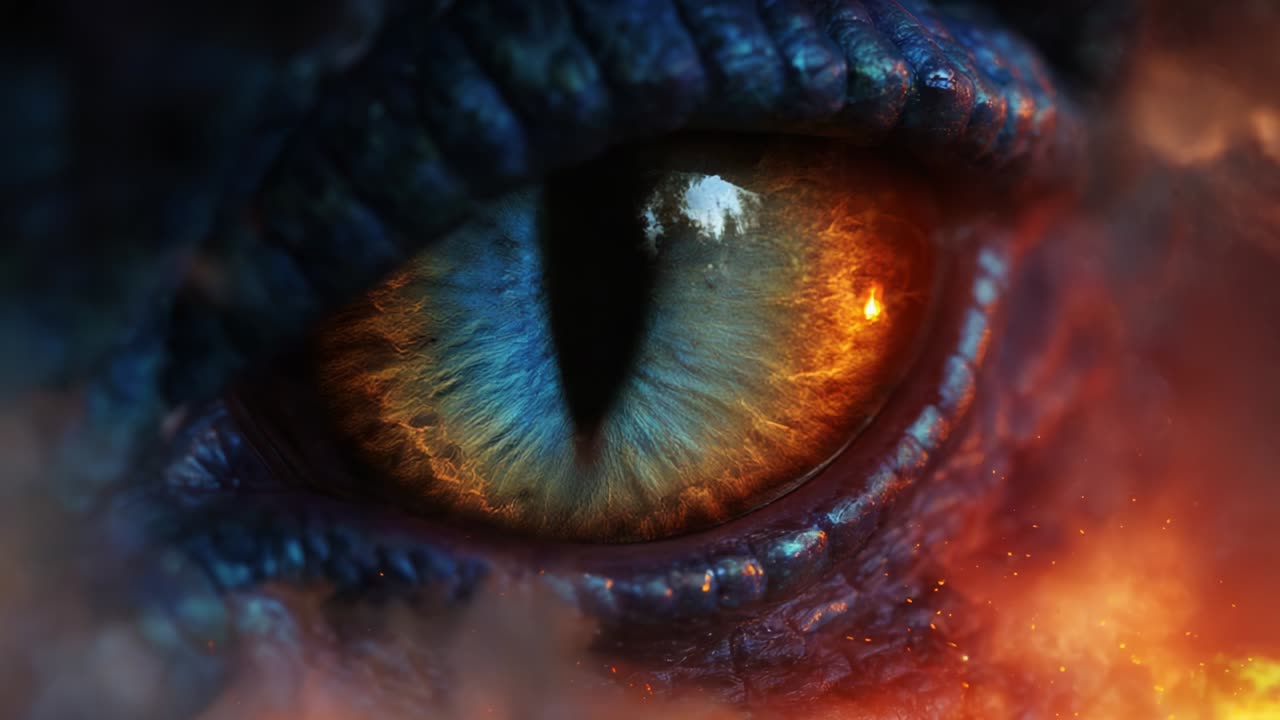 A Close-Up View of an Intriguing, Fiery Eye from a Mythical Creature, Capturing the Depths of Its Unique Textures and Coloration Against a Background of Flames and Smoke, Evoking a Sense of Mystery and Power