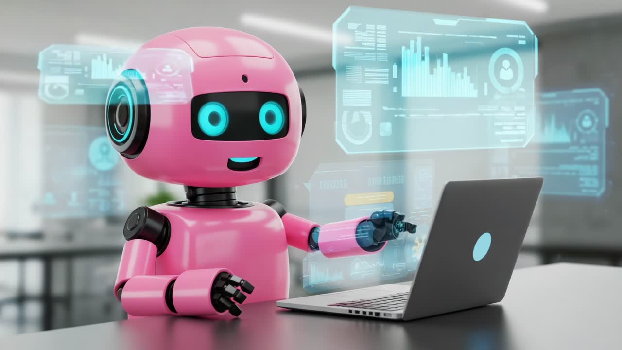 A cheerful pink robot interacts with a laptop, analyzing data and displaying informative graphics in a modern workplace environment, showcasing futuristic technology and AI innovation