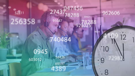 representantes de servicio al cliente que trabajan en escritorios con números y animación de reloj