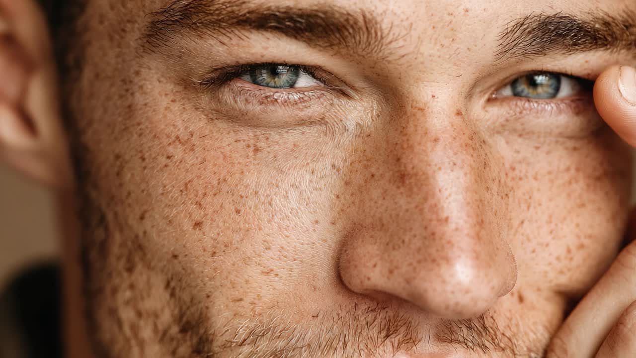 Close-Up Portrait of a Young Man with Striking Blue Eyes and Freckles, Capturing Emotion and Detail in a Natural Setting