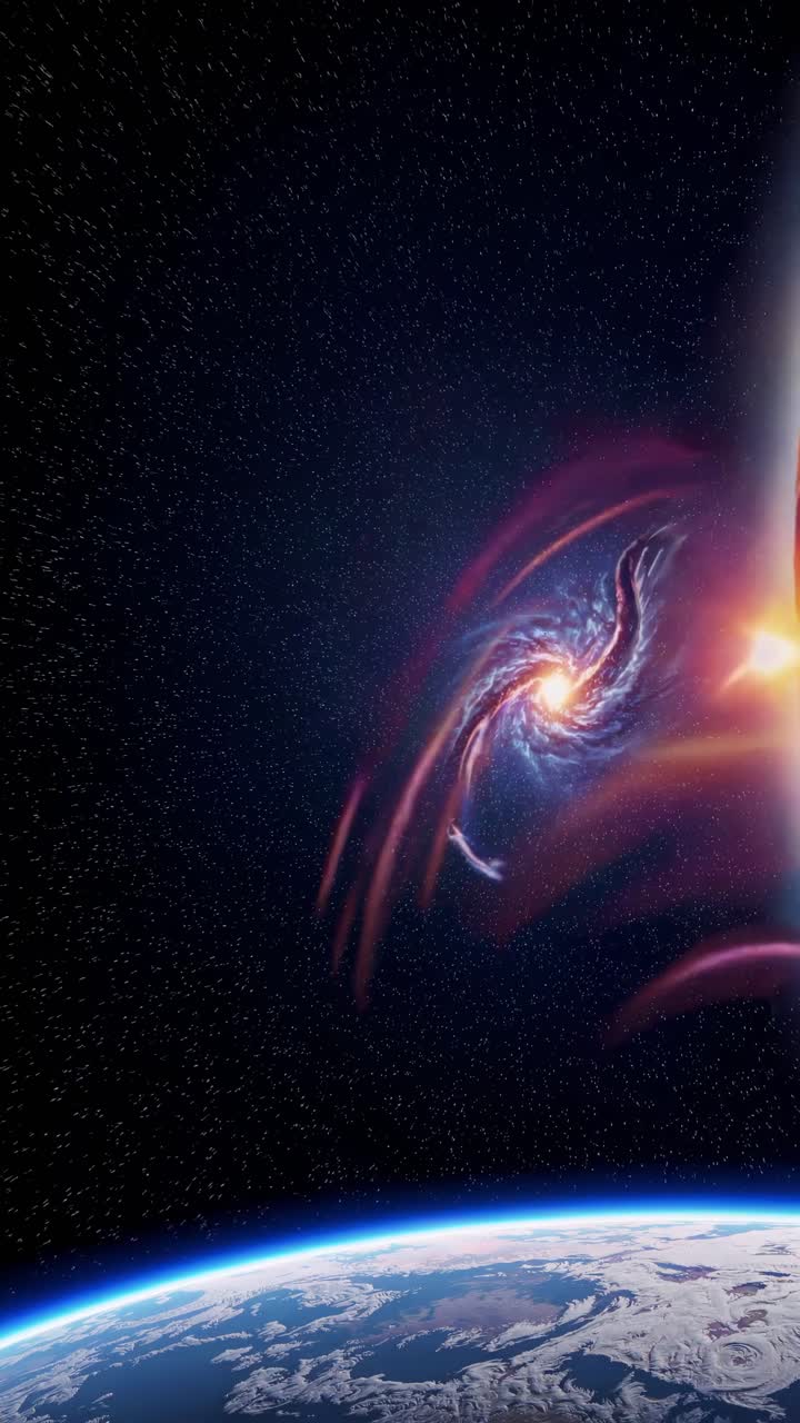 Concetto video spaziale drammatico con una visuale dal basso di un sole infuocato e la Terra distante.