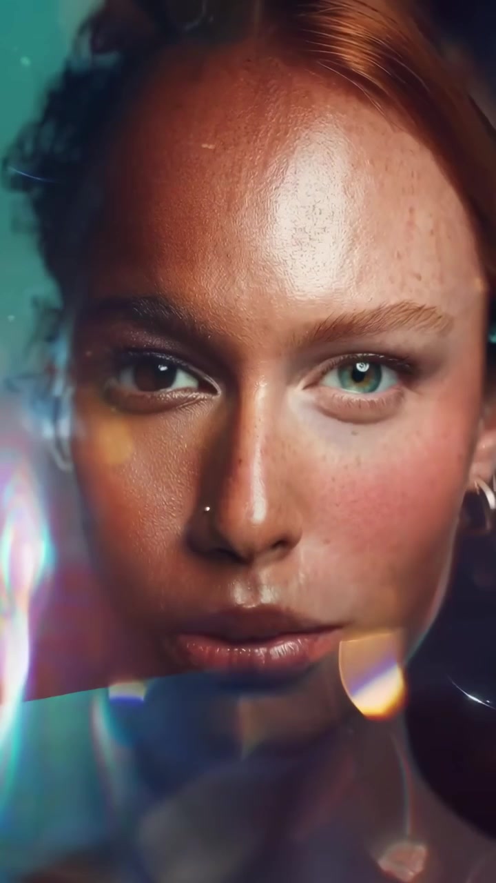 Retrato de cerca de dos mujeres fusionando rostros con efectos de luz artísticos