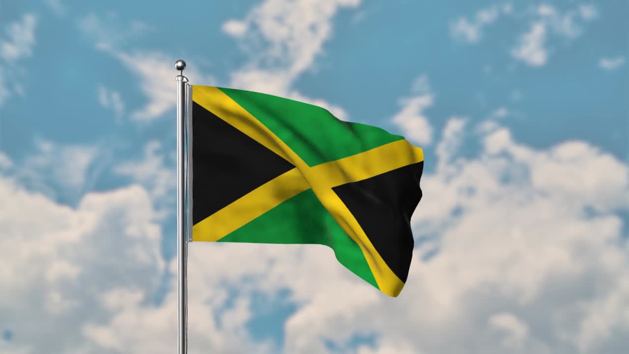 Jamaica flag waving in the blue sky realistic 4k Video