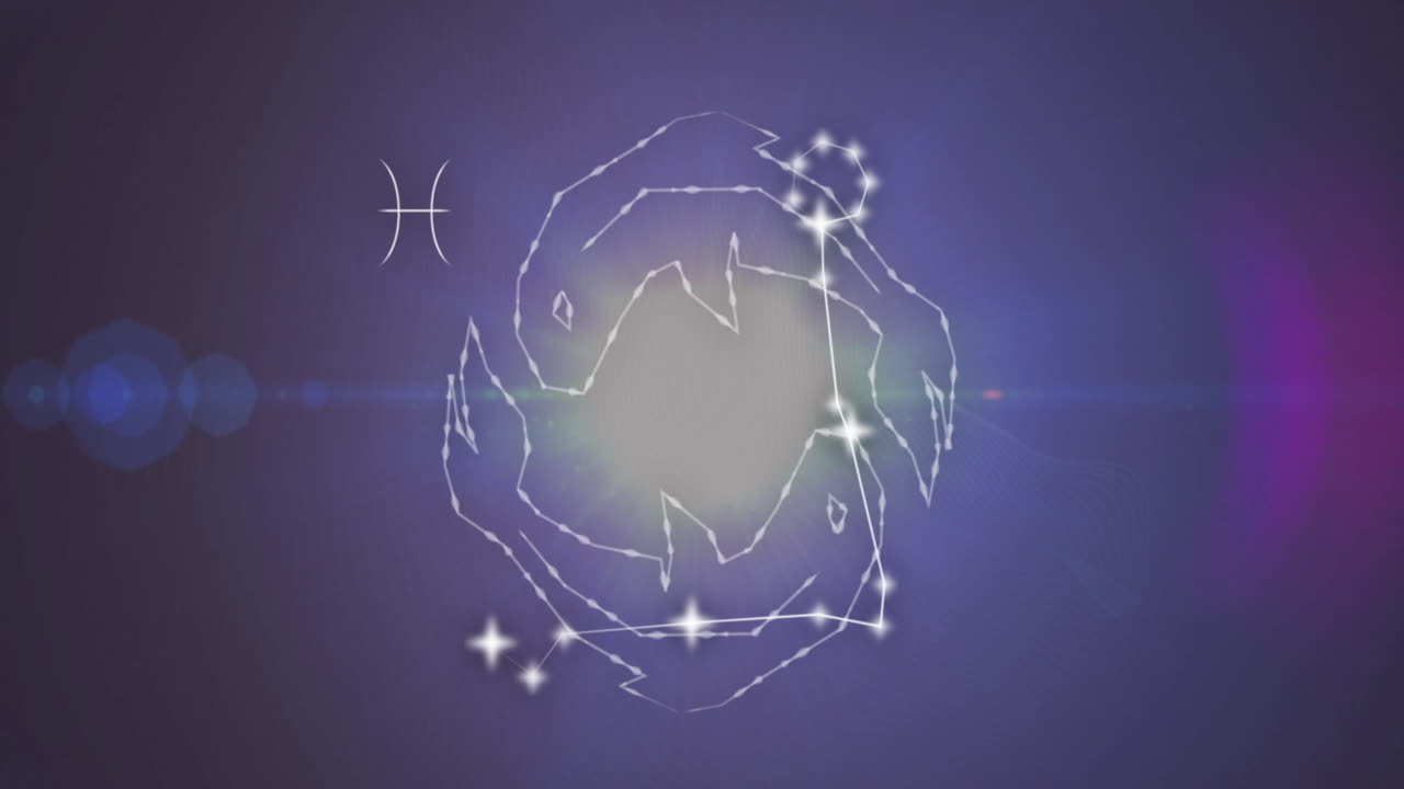 검은 바탕에 물고기 기호를 형성하는 연결된 별들의 애니메이션