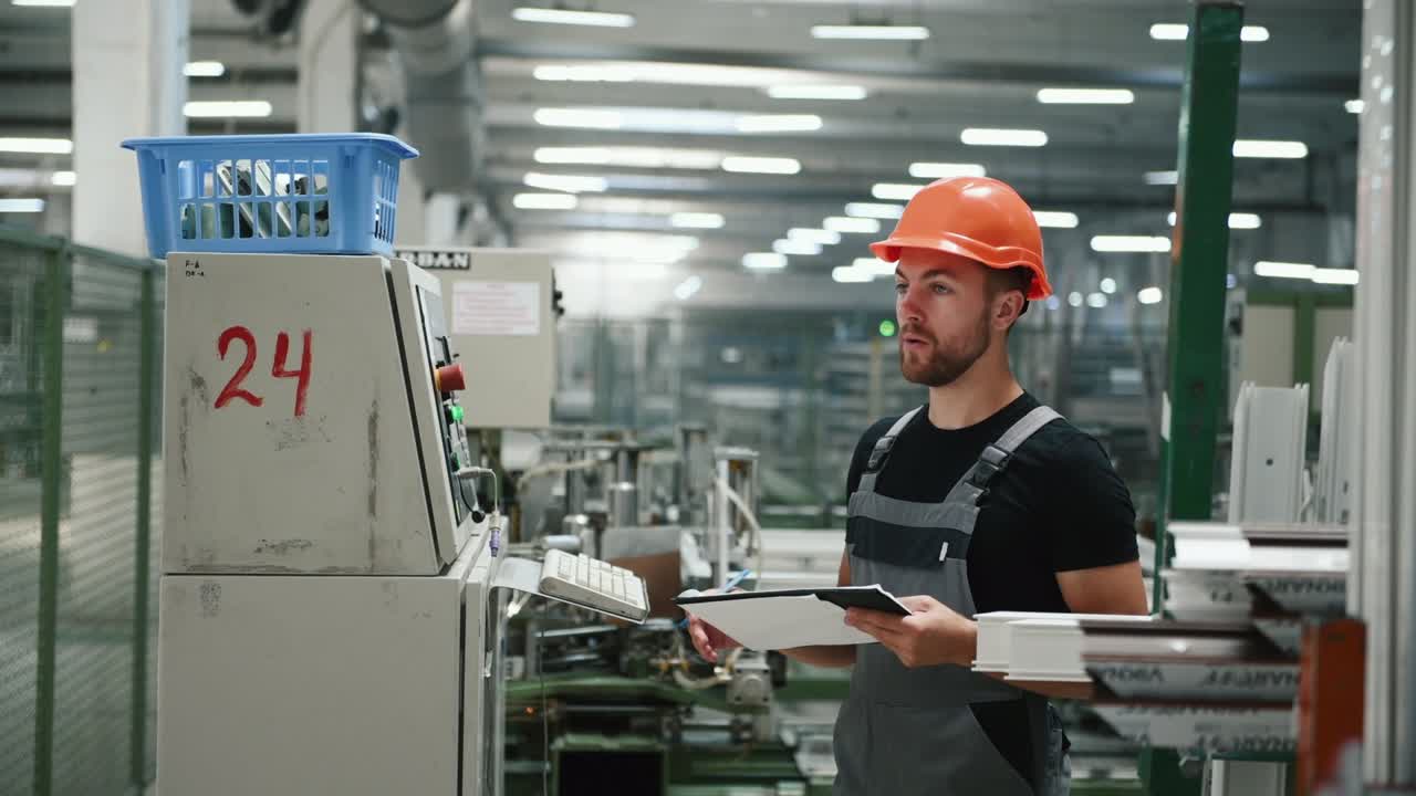 Positive employee in orange hard hat works with machine, writes information in the notepad and shows thumb up