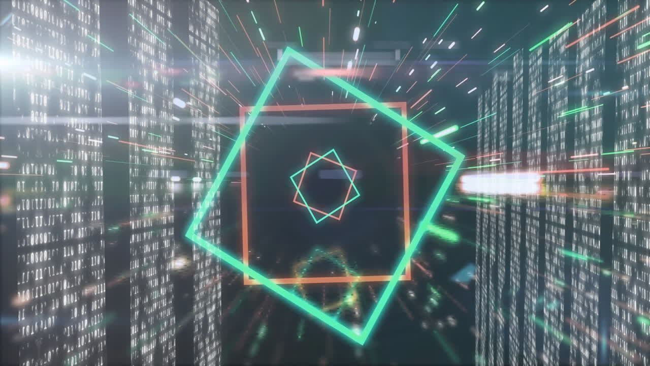 Geometric shapes and light trails creating dynamic animation over digital cityscape