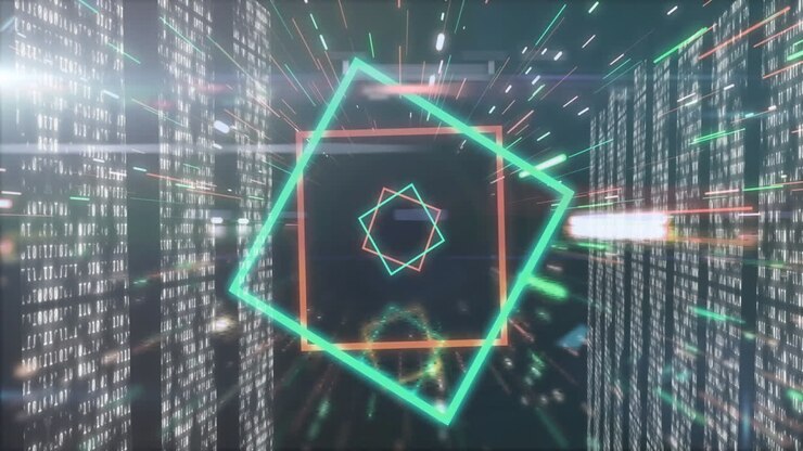 Geometric shapes and light trails creating dynamic animation over digital cityscape