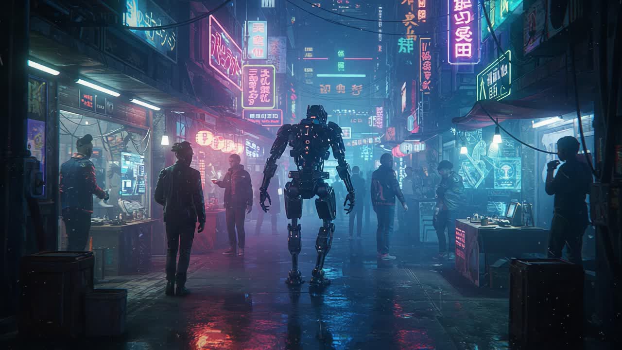 A futuristic robot stands amid a bustling neon-lit urban marketplace, surrounded by shadows of people and glowing signs, showcasing an intriguing blend of technology and society