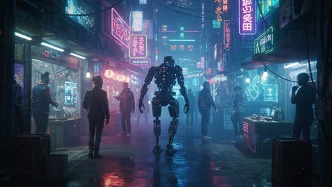 a futuristic robot stands amid a bustling neon-lit urban marketplace, surrounded by shadows of people and glowing signs, showcasing an intriguing blend of technology and society