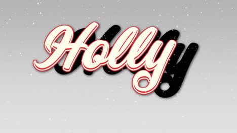 animation of snow falling over holly text on grey background