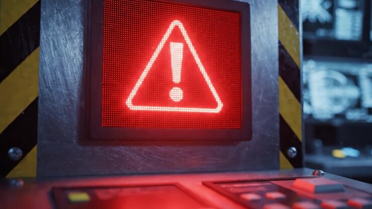 High-Tech Warning System Display Featuring a Red Alert Signal and Control Panel in a Modern Operations Room with Advanced Monitoring Technology