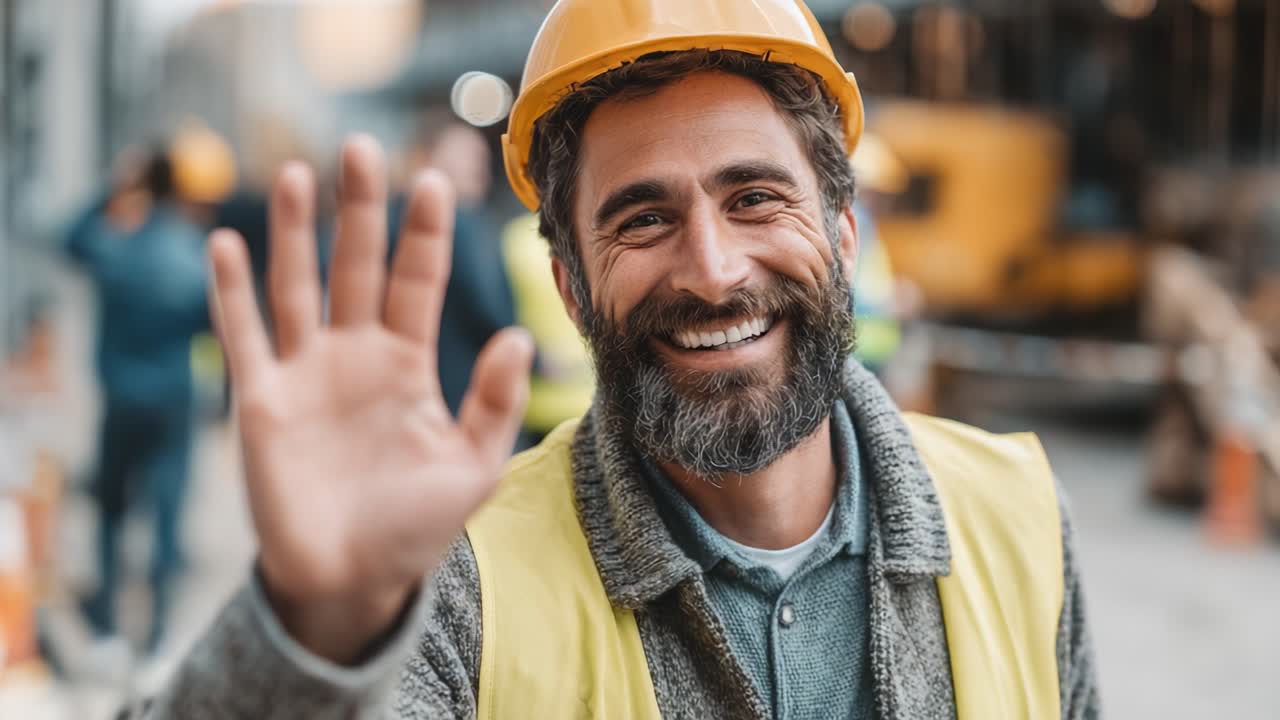 A Friendly Construction Worker Waves with a Smile, Showcasing Team Spirit and Commitment on the Job Site in a Positive Workplace Environment