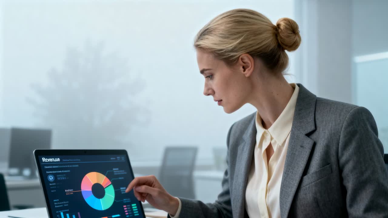 Leaning woman in blazer pointing and tapping laptop screen at office, viewing revenue donut chart