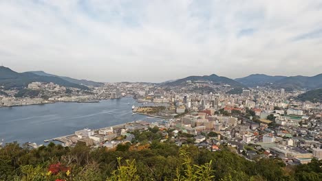 The-Skyline-Habor-and-bay-of-Nasaki-seen-from-the-Nabekanmuri-Mountain-Observatory-in-Nagasaki-City,-Nagasaki-Prefecture