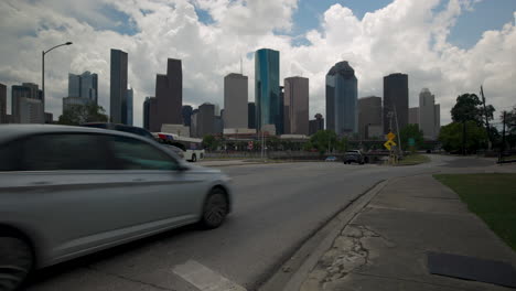 houston, texas skyline seen from ground level at intersection