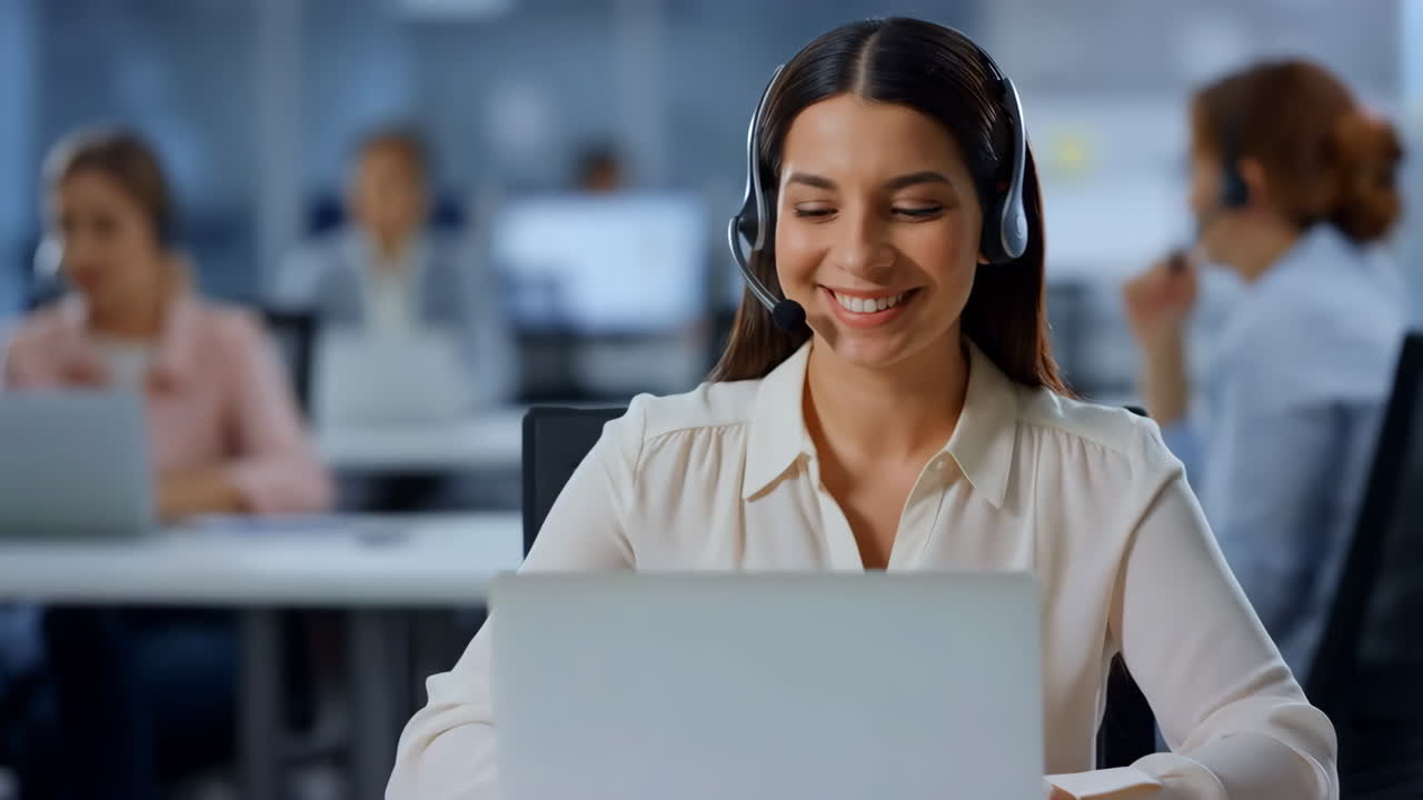 Smiling woman with headset working on laptop in a call center
