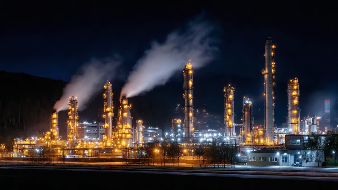 A Majestic Night View of a Vibrant Industrial Complex with Glowing Lights and Billowing Smoke Rising from Stacks, Illuminating the Sky in an Enchanting Urban Landscape