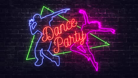 realistic render of a vivid and vibrant animated neon sign, with the words dance party, on a brick wall background