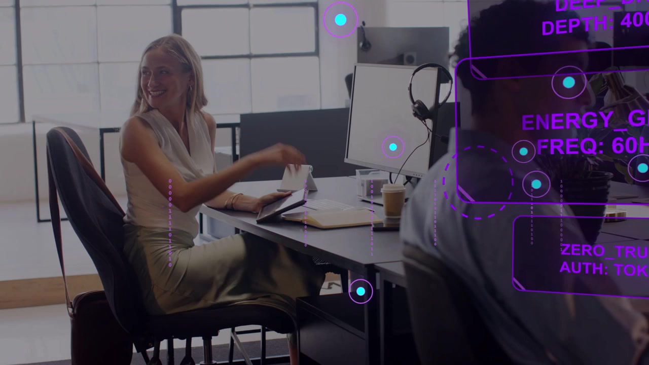 AI HUD detecting human, woman shifting from smartphone to tablet, consulting papers, extending arm