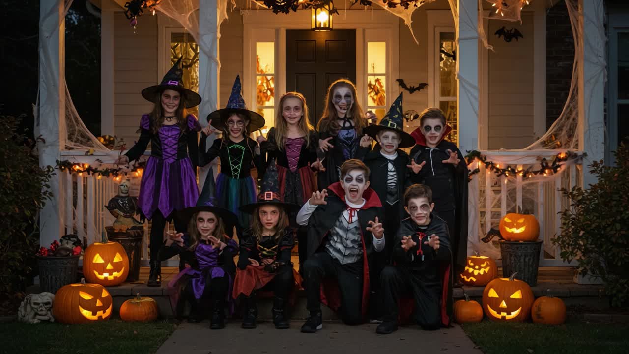 A Spooky Gathering: Children Dressed in Enchanting Halloween Costumes Pose Cheerfully on a Festively Decorated Porch Surrounded by Jack-O'-Lanterns