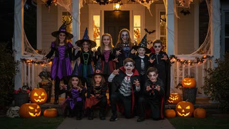 a spooky gathering: children dressed in enchanting halloween costumes pose cheerfully on a festively decorated porch surrounded by jack-o'-lanterns