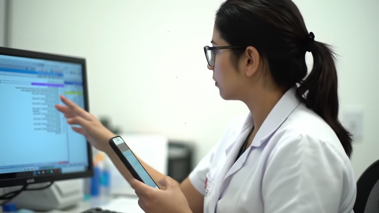 Healthcare Professional Engaged in Mobile Communication While Working at a Desk with a Computer, Demonstrating Modern Medical Administrative Practices and Technology Use