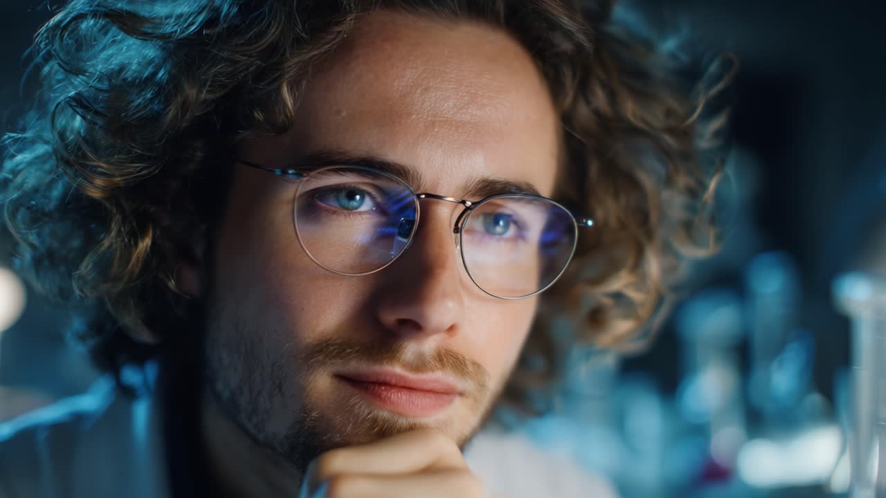 Thoughtful Researcher Analyzing Data in Laboratory Setting With Contemplative Expression While Wearing Glasses and Surrounded by Scientific Equipment and Materials