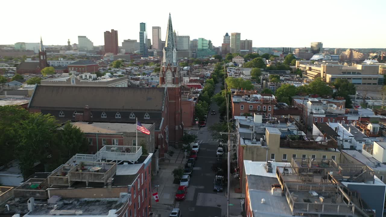 Dynamic Aerial View of Downtown Baltimore, Irish St. Mary Star of The Sea Catholic Church and Neighborhood. Maryland USA