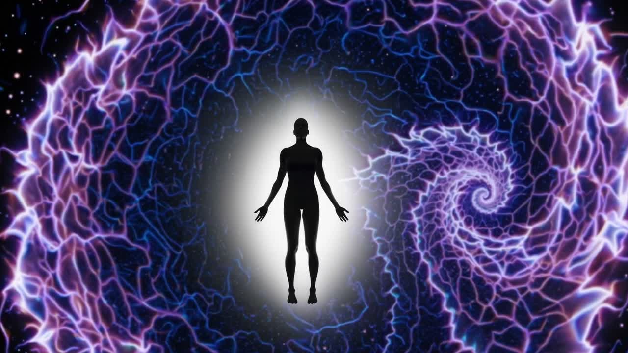 Silhouette of a figure surrounded by swirling energy patterns, depicting a dynamic transformation through a cosmic vortex, illustrating the journey of self-discovery and enlightenment