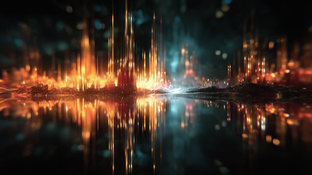 A mesmerizing visual experience showcases an illuminated landscape featuring reflective surfaces and vibrant colors blending harmoniously in an abstract composition