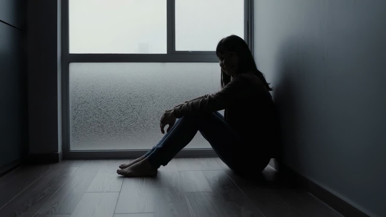 Mujer sentada en casa con vaqueros y manga larga, relajándose bajo la luz de una ventana esmerilada, con espacio para texto.