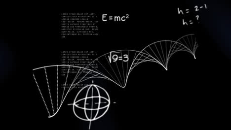 digital animation of mathematical symbols and equations floating against dna structure spinning and