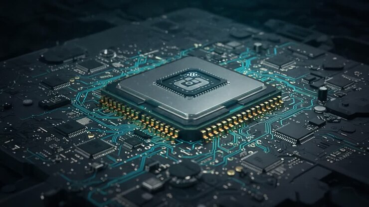 Et Nærbillede af en Højt Teknologisk Mikroprocessorchip Omgivet af Indviklet Kredsløb og Elektroniske Komponenter, der Fremviser Avancerede Teknologiske Designs