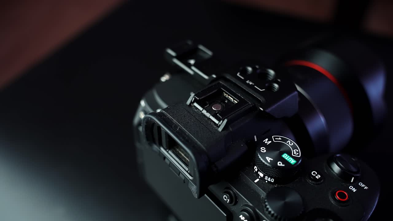Nahaufnahme von oben der Oberseite einer spiegellosen Kamera mit Blitzschuh und Moduswahlrad in stimmungsvollem Studiolicht, geringe Schärfentiefe für Filmproduktionen und Tech-B-Roll für Content Creator