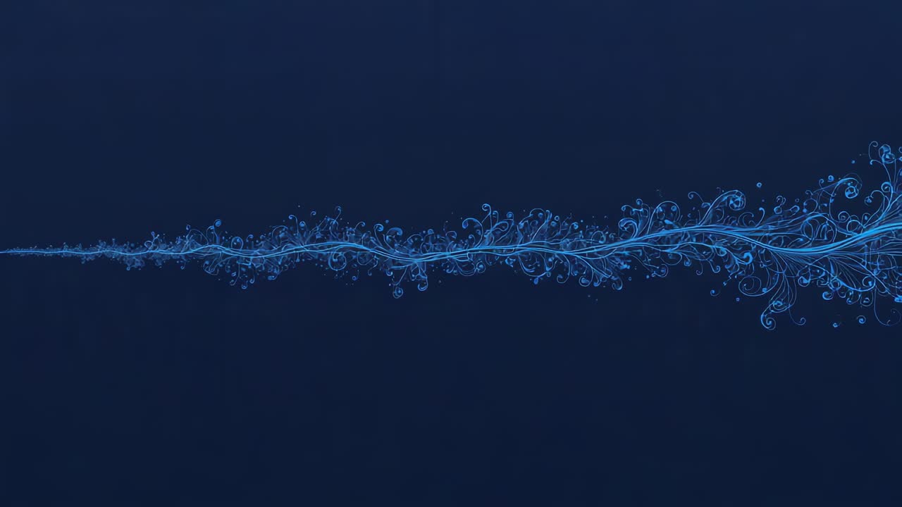 Loop starting, blue filament pulsing and waving across navy canvas, emitting particles for ornament