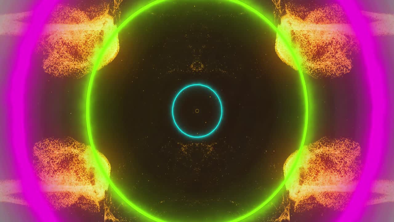 anillos de neón concéntricos que se mueven sobre ondas de colisión de partículas naranjas sobre un fondo negro