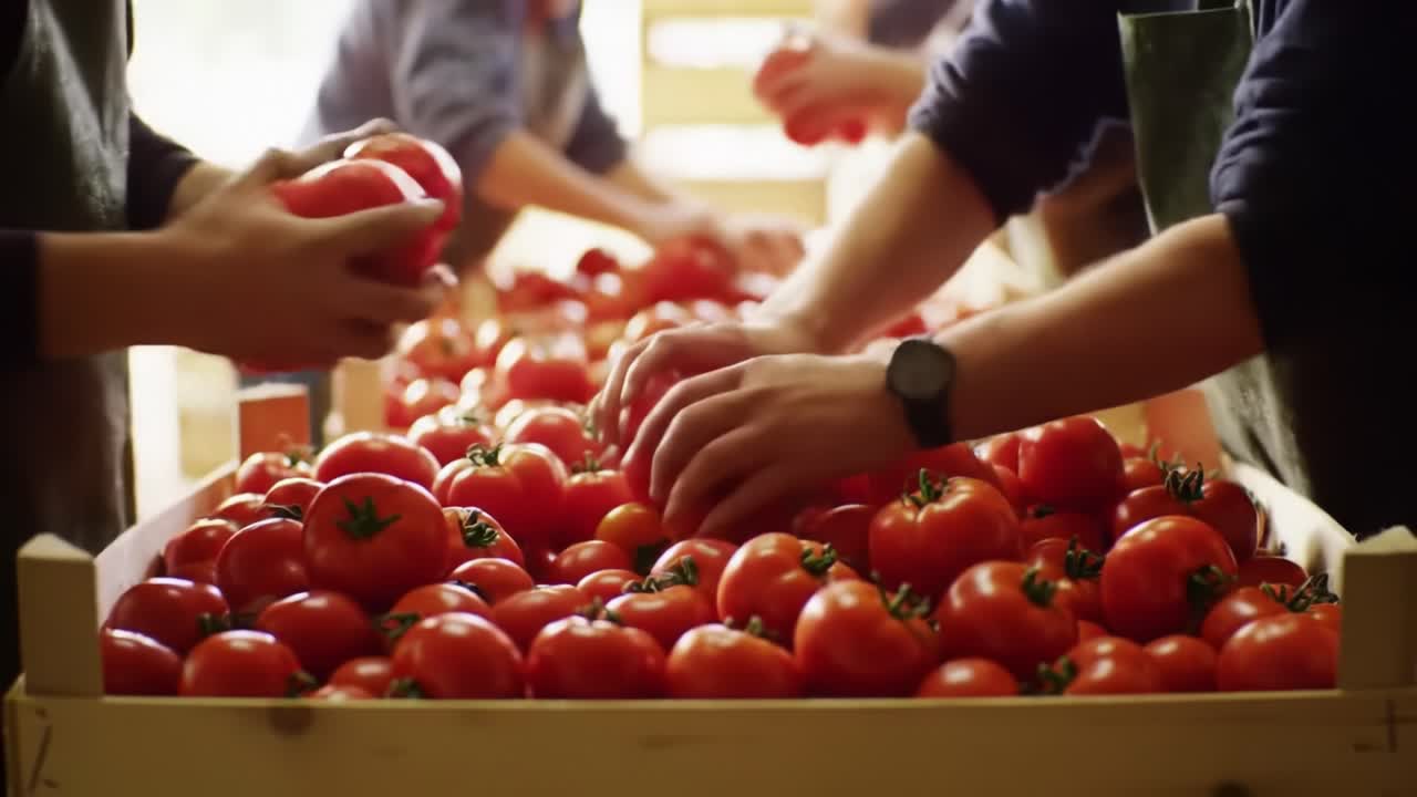 Harvesting and Sorting Fresh Tomatoes in a Bountiful Distribution Center, Showcasing the Careful Handling of Produce by Dedicated Workers