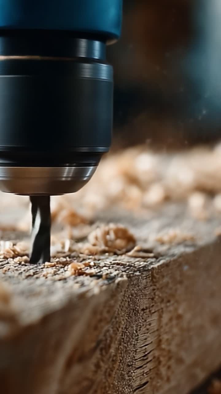 Foratura di precisione nel legno: catturare l'arte dell'artigianato con una punta da trapano focalizzata su trucioli, polvere e le complessità delle tecniche di lavorazione del legno.