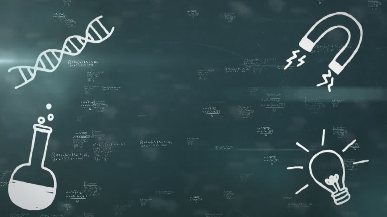 어두운 배경에 빛을 비추는 수학적 그림과 공식의 애니메이션