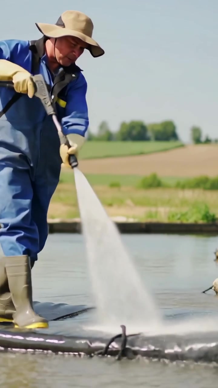 Video verticale: Avvio del tubo, operaio che pulisce il rivestimento di uno stagno agricolo, in tuta da lavoro