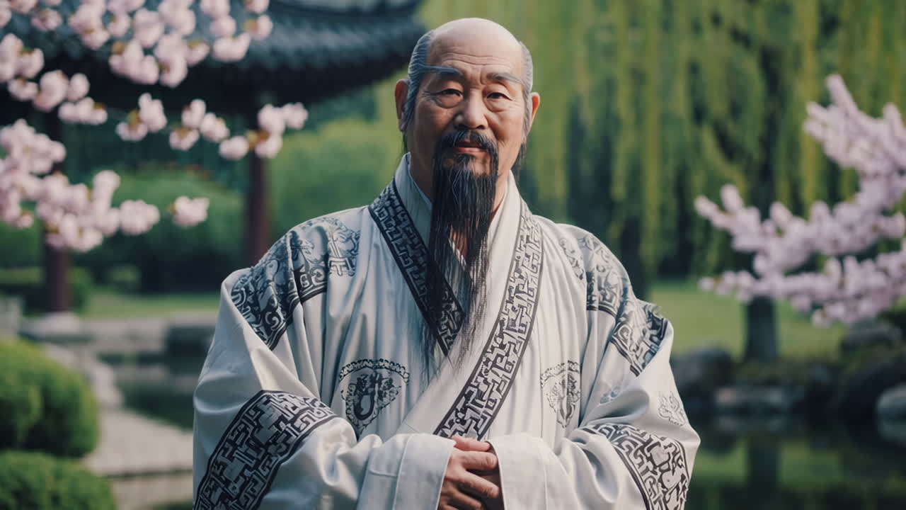 Elderly Man in Traditional Chinese Clothing in a Garden