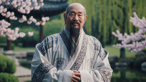 elderly man in traditional chinese clothing in a garden
