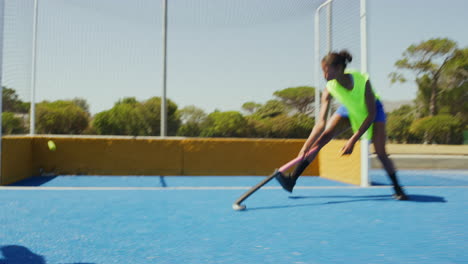 closeup of hockey player using stick to push ball